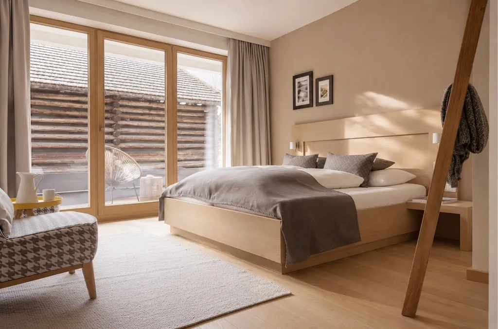 Modern: Kompakt geschnitten, hell, Holz aus der Region. Die kleine Südterrasse gehört dir allein.