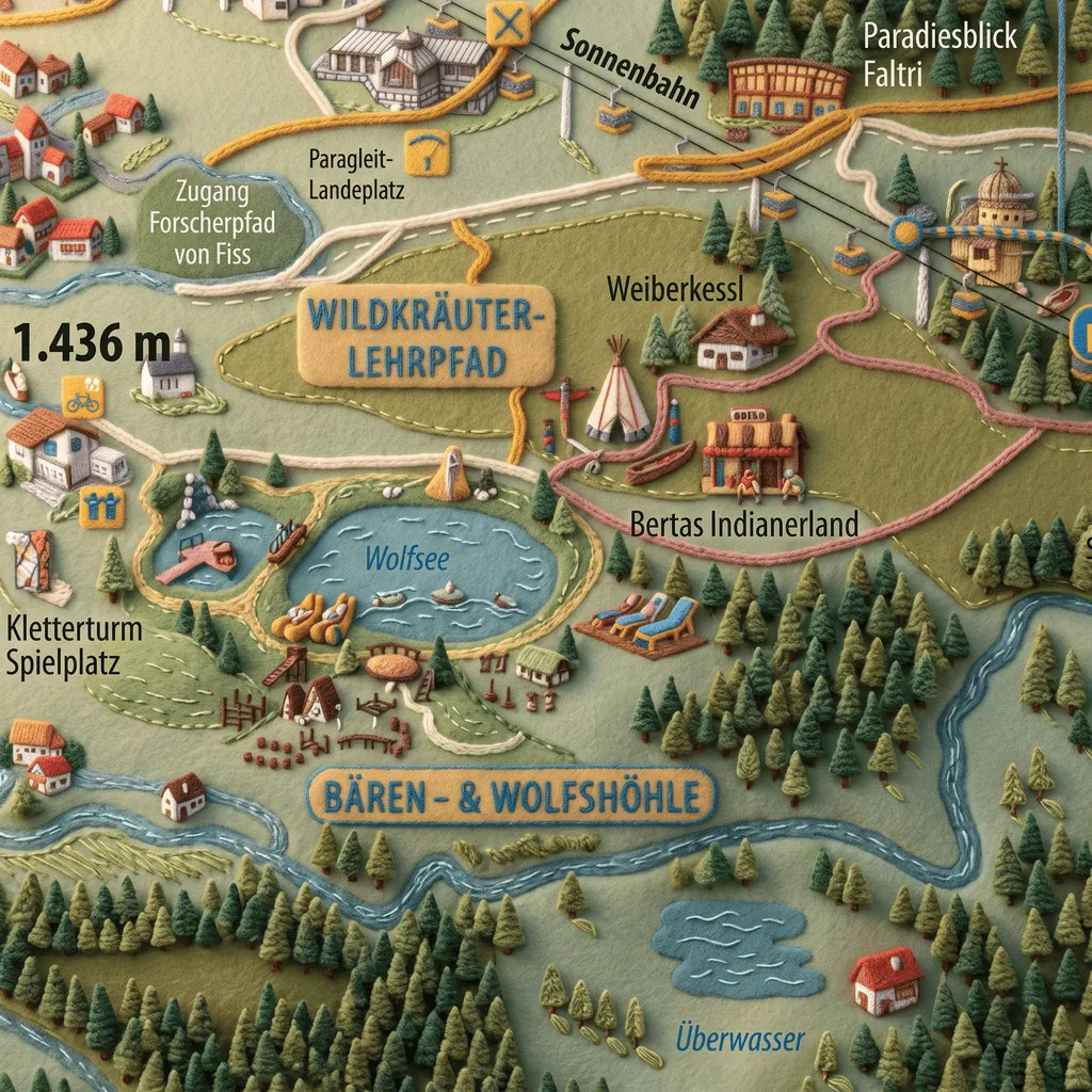 Gefilzte Kinderkarte der Region mit Wolfsee, Bertas Indianerland und dem Wildkräuter-Lehrpfad