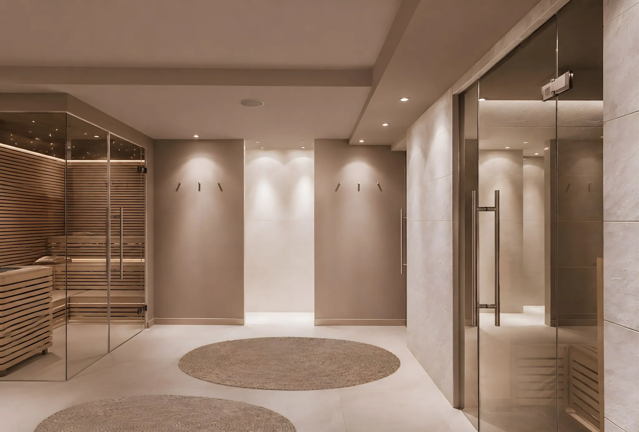 Spa-Vorraum mit Glastür zur Dampfkabine, Haken für Bademäntel und runden Teppichen.