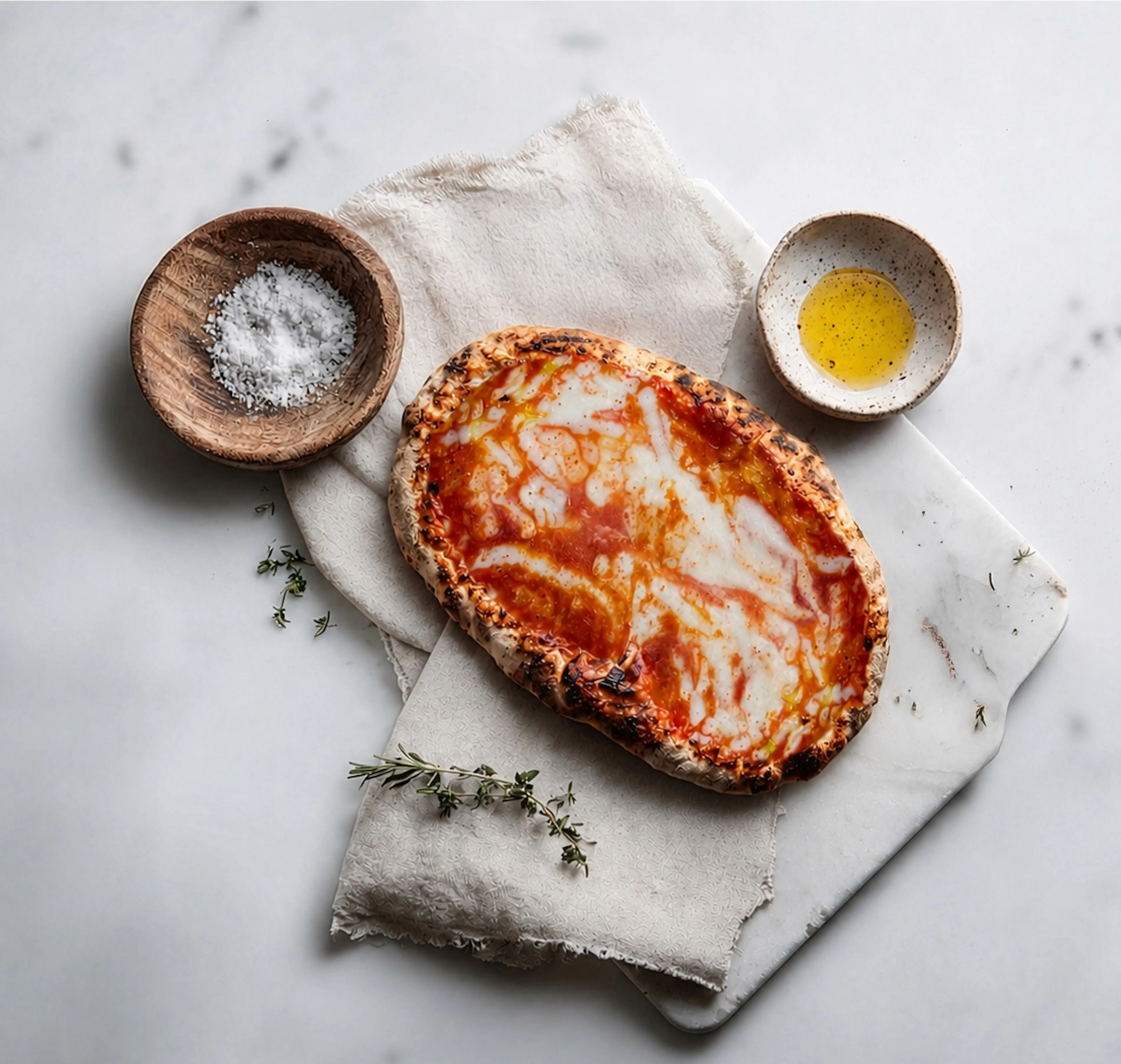 Pinsa mit Tomatensauce und Mozzarella auf einem Marmorbrett, daneben Salz und Thymian