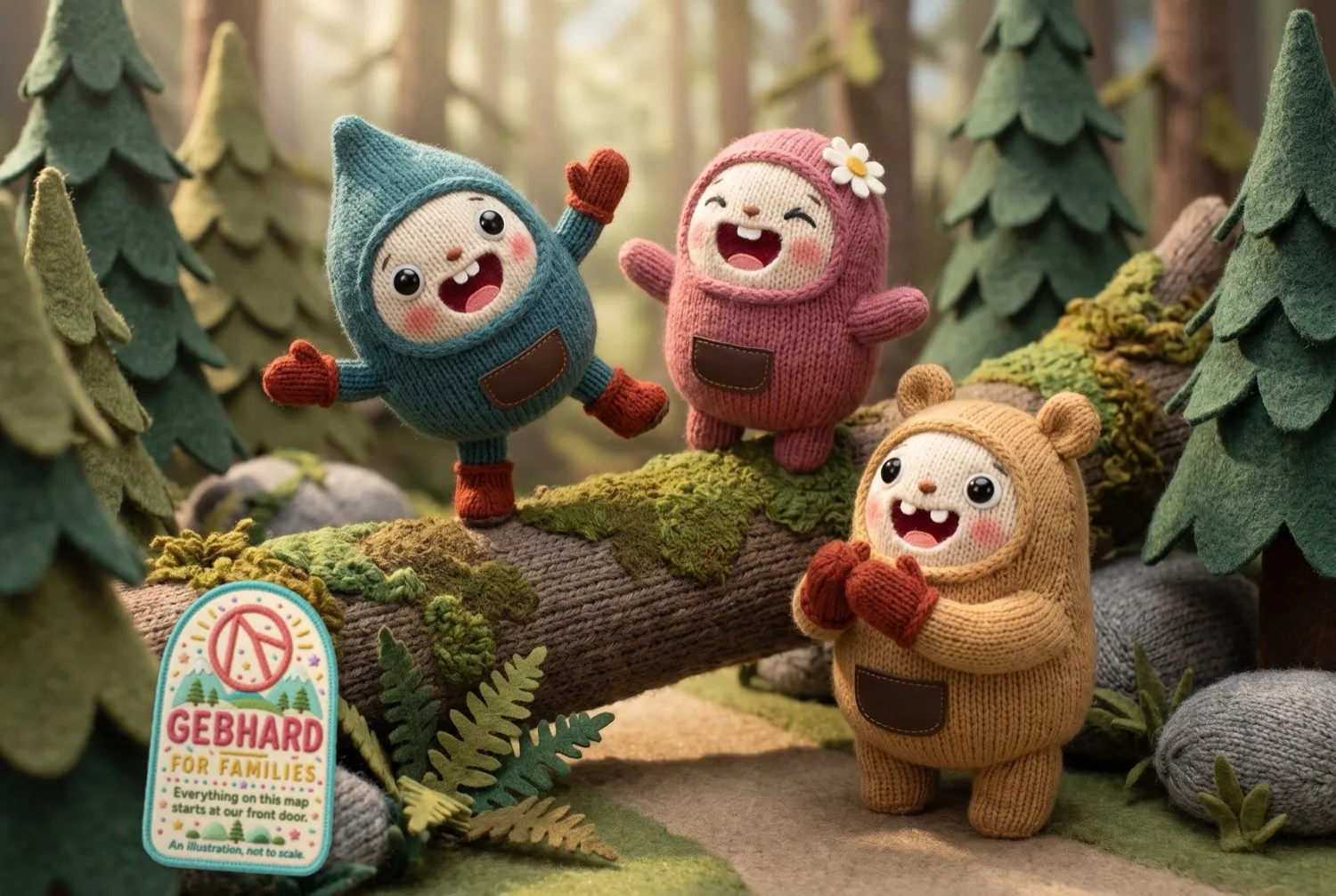 Drei gestrickte Figuren sitzen auf einem bemoosten Baumstamm im Wald, links unten der Aufnäher GEBHARD FOR FAMILIES