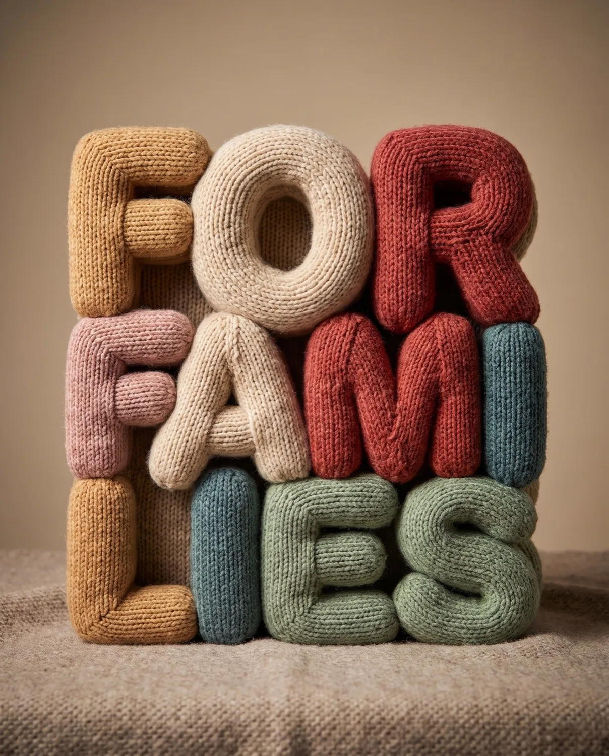 Die Buchstaben FOR FAMILIES aus gestrickter Wolle auf einem Holzbrett