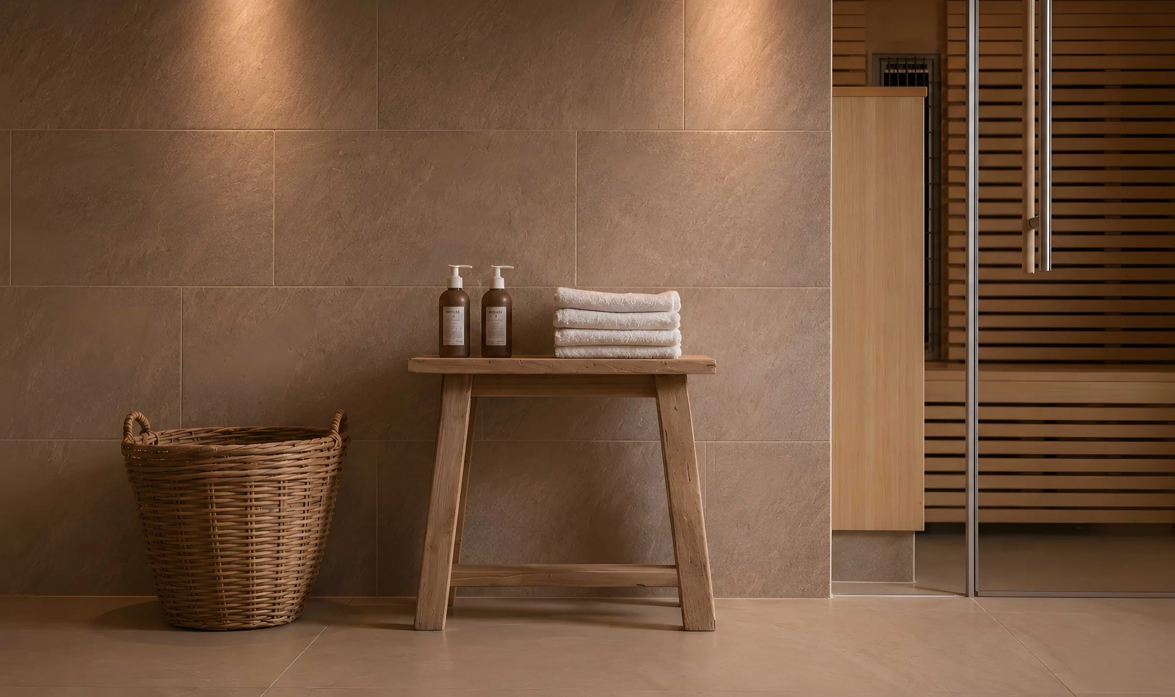 Hocker mit frischen Handtüchern und Seifen vor der Sauna