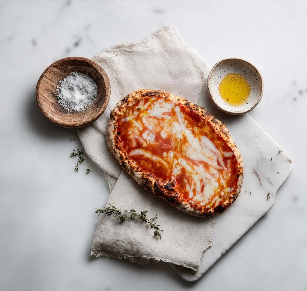 Pinsa mit Tomatensauce und Mozzarella auf Marmorbrett