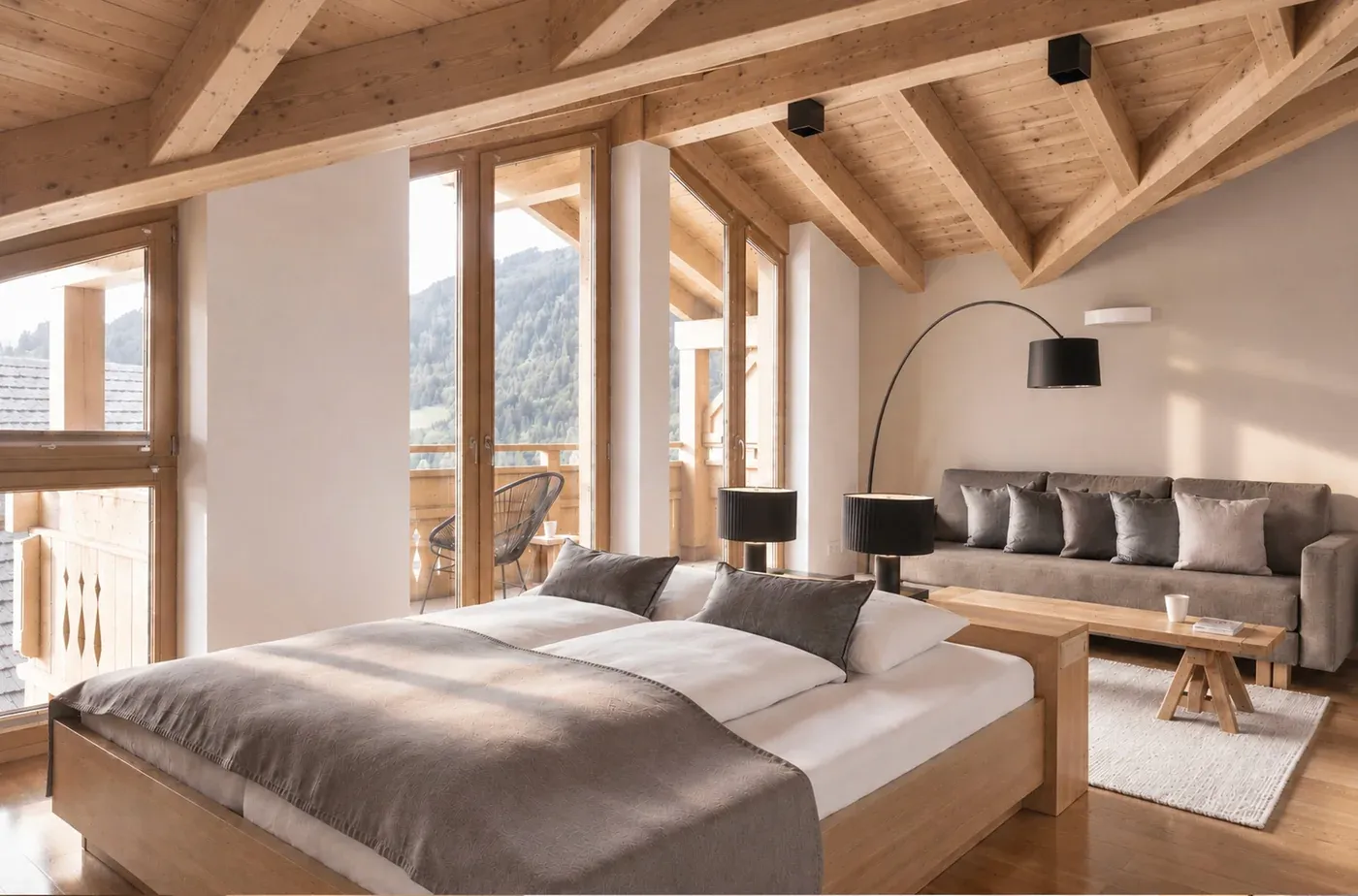 Familiensuite mit Doppelbett unter der Dachschräge und Stehlampe