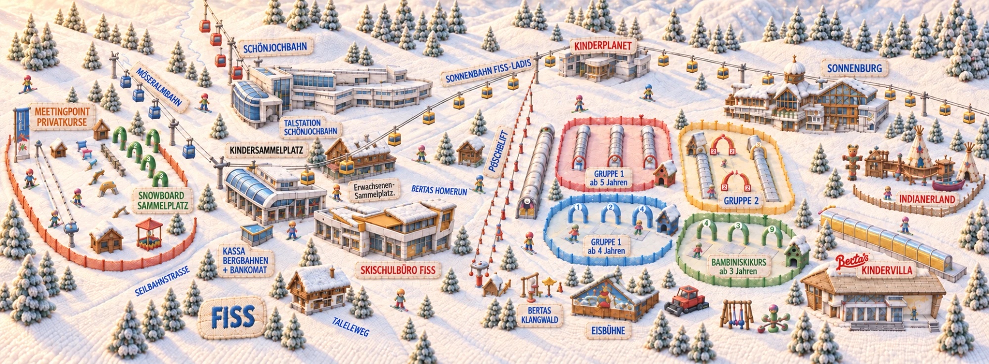 Übersicht von Bertas Kinderland: links Fiss mit Talstation und Skischulbüro, in der Mitte die vier Übungswiesen und der Kinderplanet, rechts Indianerland und Kindervilla