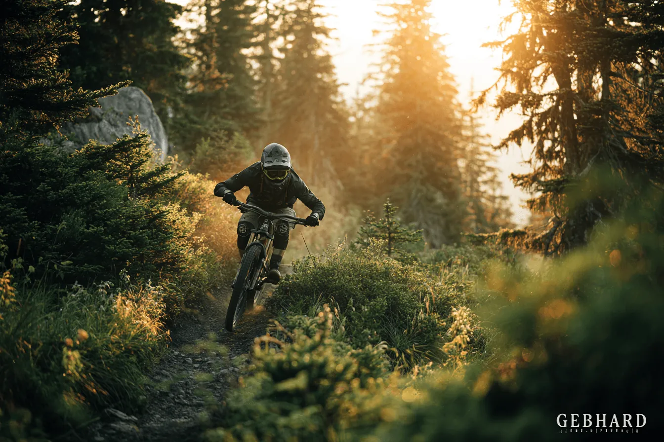Mountainbiker fährt im Gegenlicht einen schmalen Waldtrail hinunter, Staub liegt in der Luft.