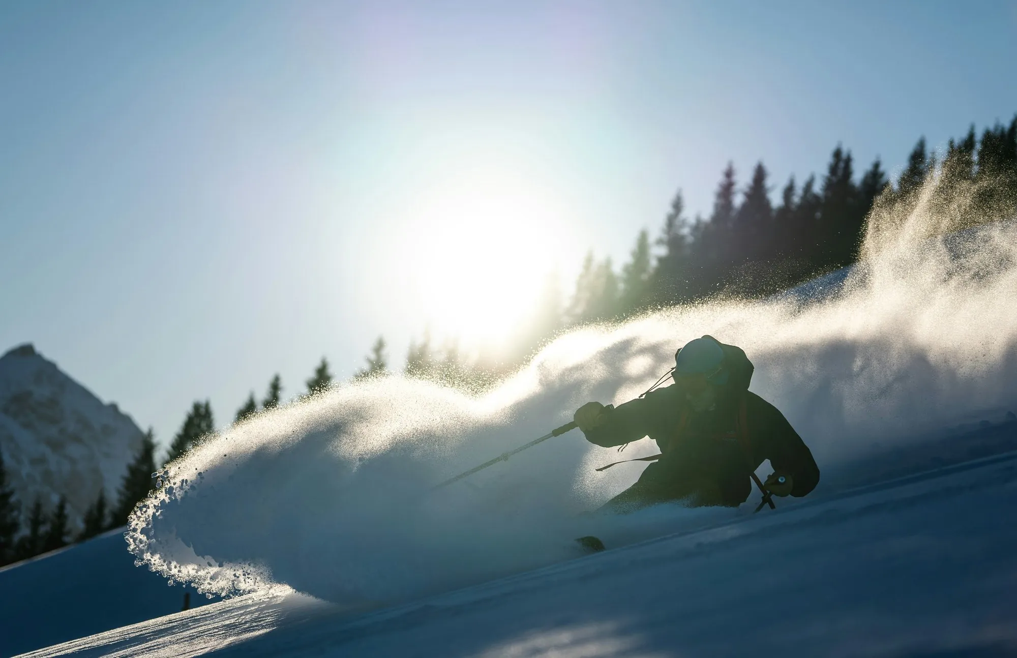Skifahrer im Gegenlicht, der Schnee stiebt als Fahne hinter ihm her