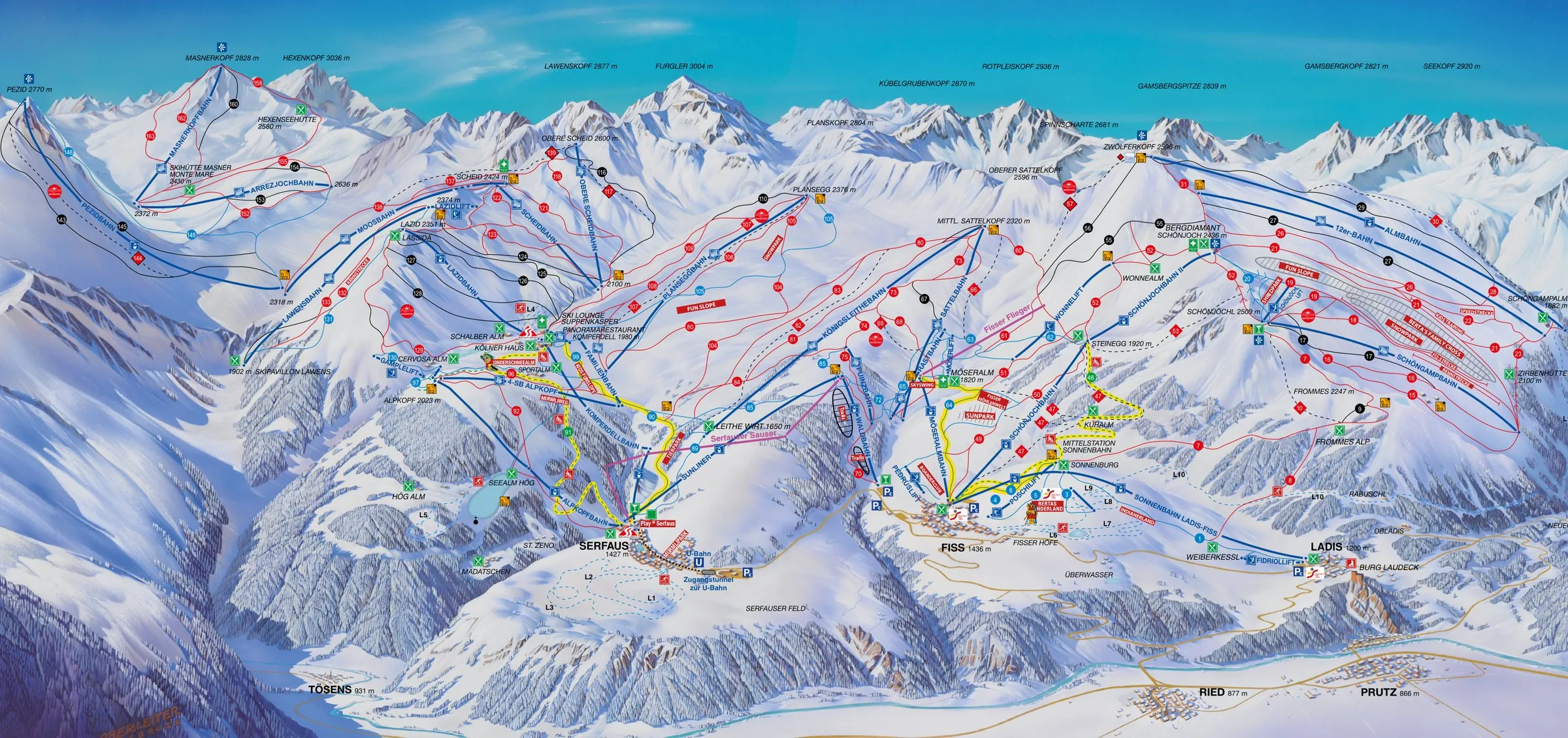 Pistenplan Serfaus-Fiss-Ladis: Pisten, Bahnen und Bergrestaurants über Serfaus, Fiss und Ladis