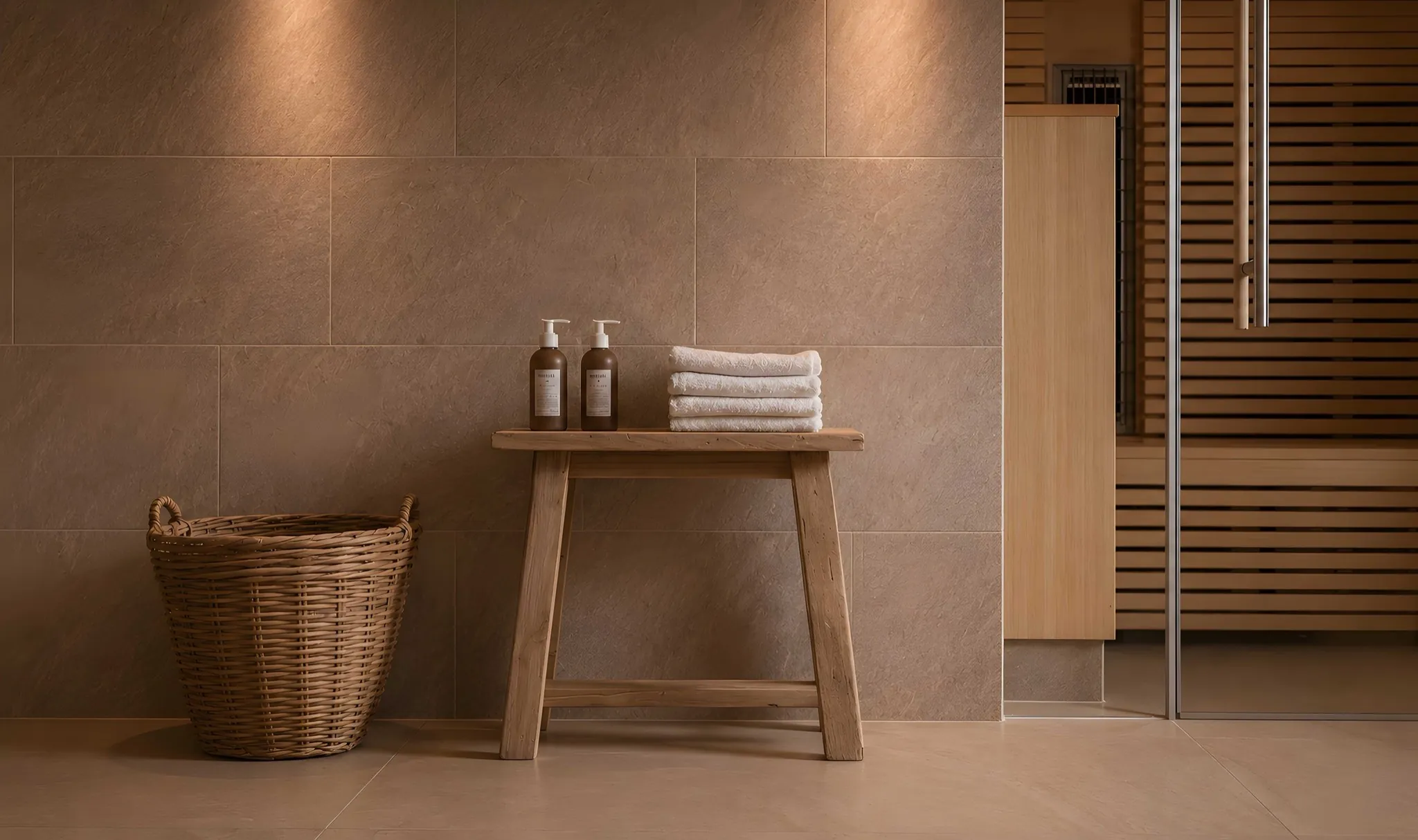 Hocker mit frischen Handtüchern und Seifen vor der Sauna