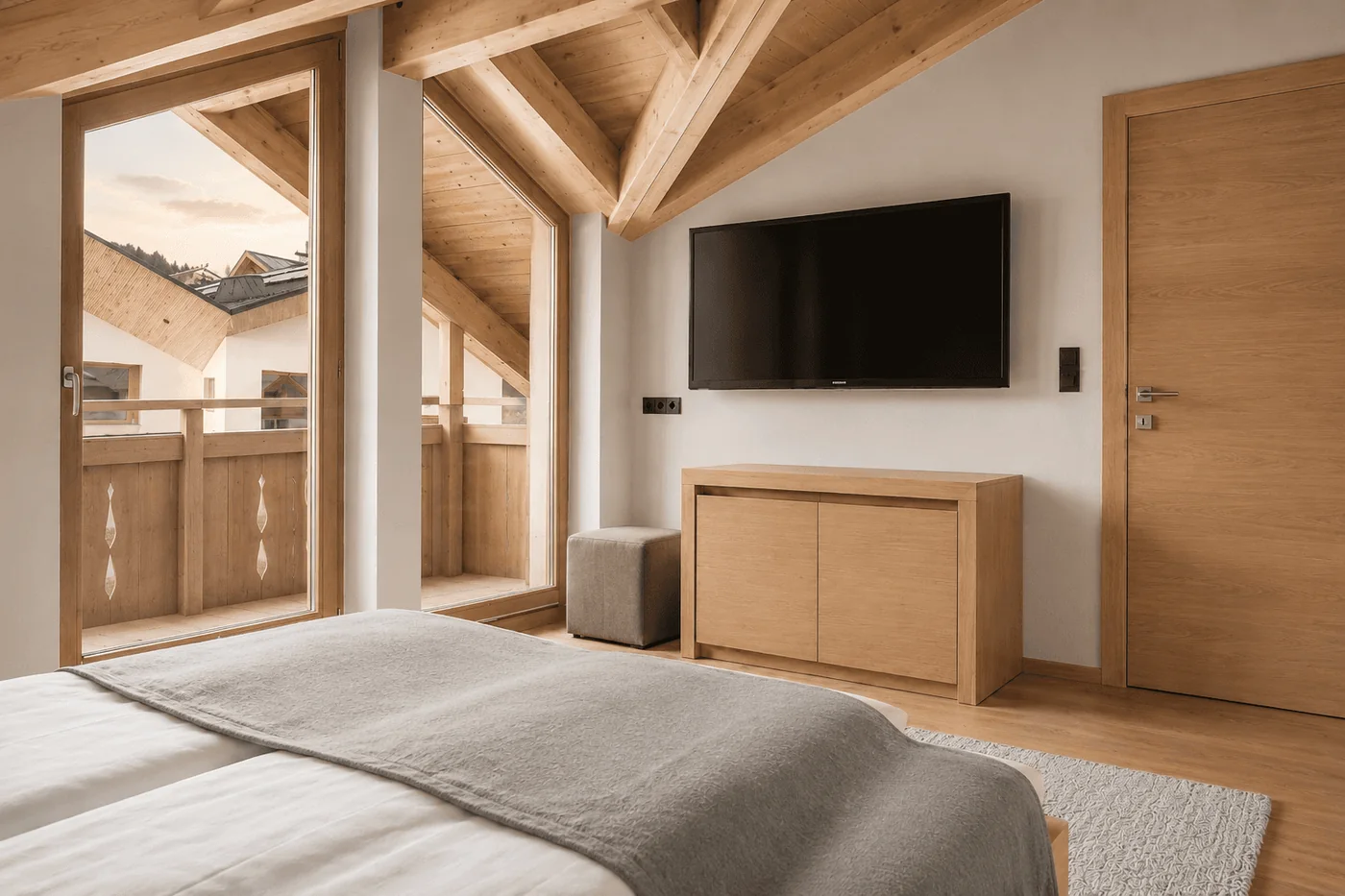 Dachschräge aus Holzbalken über der Balkontür, links das Bett, rechts das Sideboard
