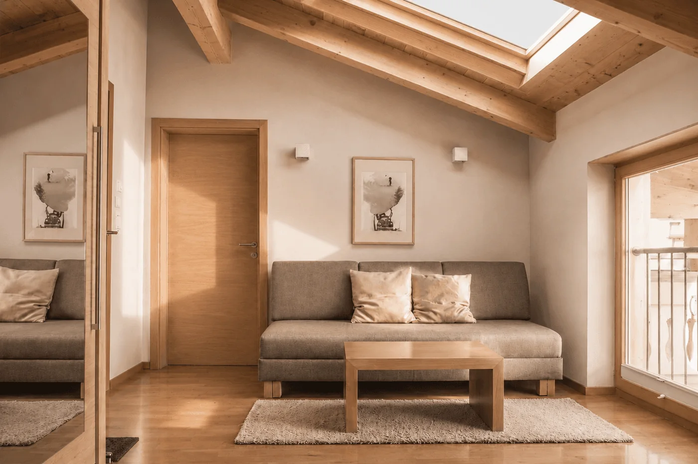 Wohnbereich mit Sofa und Couchtisch unter den Holzbalken, Dachfenster darüber